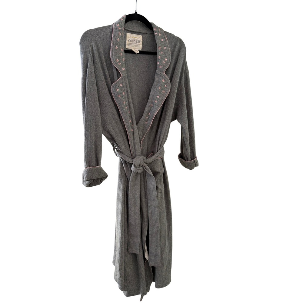 Erika Taylor Intimates Country Cottons Gray Floral Embroidered Robe M